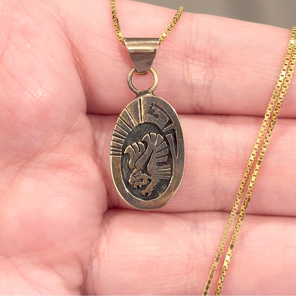Vintage Native Eagle Sterling 14K Pendant, Navajo Aztec Style Piece - Picture 5 of 16